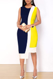 Yellow Casual Work Print Patchwork Asymmetrical O Neck Straight Dresses