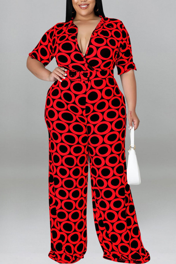 Red Casual Print Patchwork V Neck Plus Size Jumpsuits