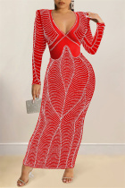 Red Fashion Sexy Patchwork Hot Drilling See-through V Neck Long Sleeve Dresses