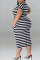 Rose Red Casual Striped Print Patchwork Slit O Neck Straight Plus Size Dresses