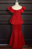 Red Sexy Solid Flounce Fold Zipper O Neck Trumpet Mermaid Dresses