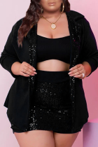 Black Sexy Solid Sequins Turndown Collar Plus Size Three Pieces