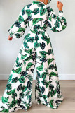 Green Fashion Casual Print Patchwork Turndown Collar Long Sleeve Two Pieces