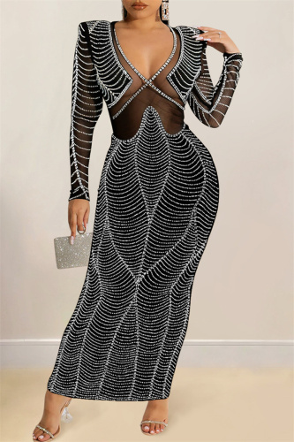 Black Fashion Sexy Patchwork Hot Drilling See-through V Neck Long Sleeve Dresses