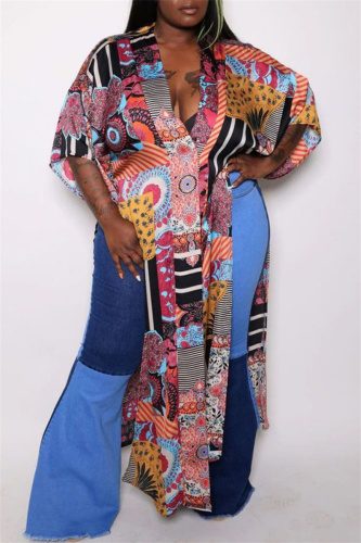 Red Fashion Casual Print Slit Cardigan V Neck Plus Size Overcoat