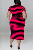 Green Casual Striped Print Patchwork Slit O Neck Straight Plus Size Dresses