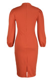 Orange Fashion Casual Solid Hollowed Out O Neck Long Sleeve Dresses