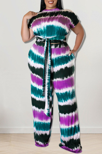 Green Casual Striped Print Tie Dye Bandage Patchwork O Neck Plus Size Two Pieces