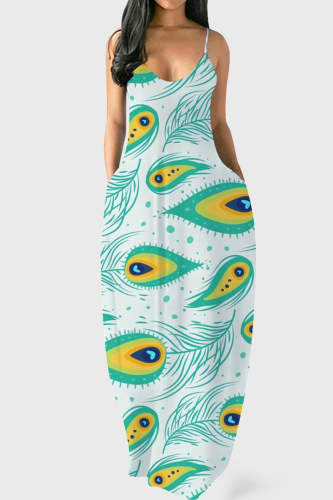 White Green Fashion Sexy Print Backless Spaghetti Strap Long Dress