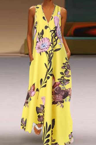 Yellow Casual Elegant Print Patchwork V Neck A Line Dresses