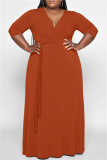 Ginger Fashion Casual Solid Basic V Neck Long Dress Plus Size Dresses