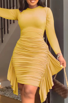 Yellow Fashion Solid Flounce O Neck Pencil Skirt Dresses