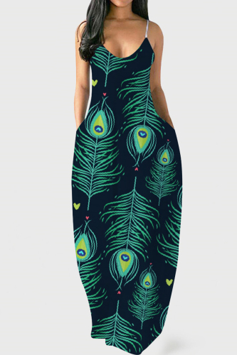 Navy Blue Fashion Sexy Print Backless Spaghetti Strap Long Dress