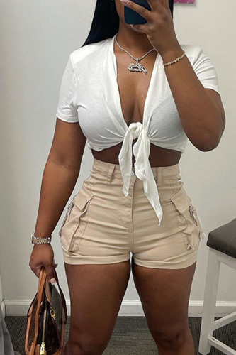 Khaki Sexy Solid Patchwork Pocket Knotted V Neck Short Sleeve Two Pieces