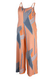 Tangerine Red Casual Print Patchwork Spaghetti Strap Plus Size Jumpsuits