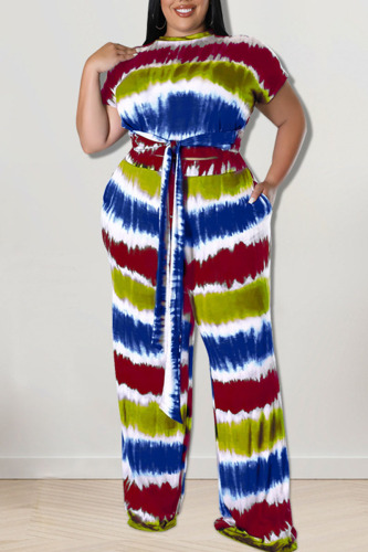 Blue Casual Striped Print Tie Dye Bandage Patchwork O Neck Plus Size Two Pieces