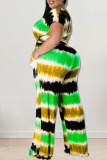 Green Casual Striped Print Tie Dye Bandage Patchwork O Neck Plus Size Two Pieces