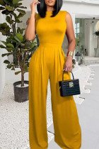 Yellow Fashion Casual Solid Hollowed Out O Neck Regular Jumpsuits