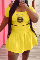 Yellow Fashion Casual Lips Printed Basic O Neck Short Sleeve Two Pieces