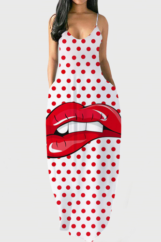 White Red Fashion Sexy Print Backless V Neck Sling Dress