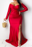 Red Sexy Plus Size Solid Backless Slit Off The Shoulder Long Sleeve Evening Dress