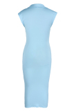 Blue Fashion Casual Solid Basic V Neck Sleeveless Dress