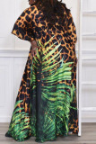Leopard Print Sexy Print Leopard Patchwork Slit V Neck Straight Plus Size Dresses