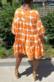 Orange Casual Sweet Print Patchwork O Neck A Line Dresses
