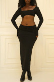 Black Sexy Solid Patchwork Slit Asymmetrical Square Collar Long Sleeve Two Pieces