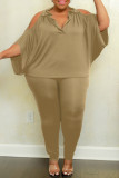 Orange Fashion Casual Solid Hollowed Out V Neck Plus Size Two Pieces