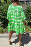 Green Casual Sweet Print Patchwork O Neck A Line Dresses