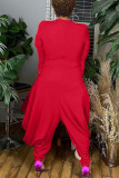 Red Sexy Solid Hollowed Out Patchwork V Neck Loose Jumpsuits