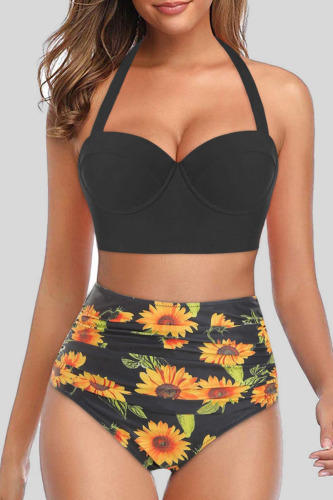 Black Sexy Print Bandage Patchwork Swimwears