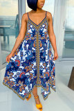 Sky Blue Fashion Sexy Printed Sling Loose Dress