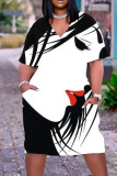 Black And White Casual Street Print Patchwork V Neck Straight Dresses