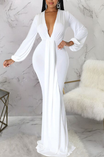 White Sexy Solid Patchwork V Neck Evening Dress Dresses