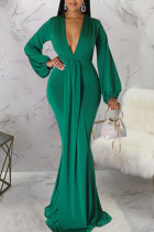 Green Sexy Solid Patchwork V Neck Evening Dress Dresses