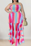 Blue Sexy Striped Print Hollowed Out Patchwork Strapless Cake Skirt Plus Size Dresses