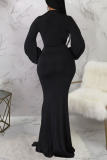 Black Sexy Solid Patchwork V Neck Evening Dress Dresses