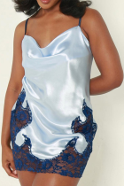 Blue Sexy Patchwork Lace Spaghetti Strap Straight Dresses