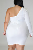 White Sexy Solid Patchwork Asymmetrical Evening Dress Plus Size Dresses