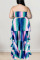 Blue Sexy Striped Print Hollowed Out Patchwork Strapless Cake Skirt Plus Size Dresses