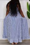 Blue Casual Sweet Striped Print Patchwork Buckle Spaghetti Strap Sling Dress Dresses