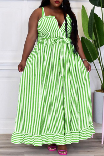 Green Casual Sweet Striped Print Patchwork Buckle Spaghetti Strap Sling Dress Dresses