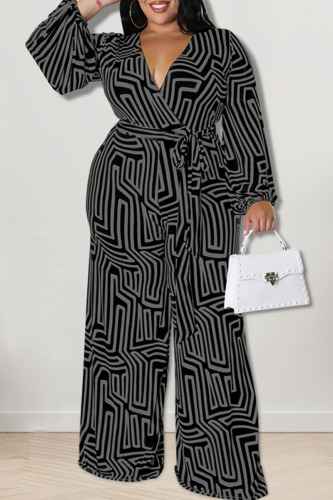 Grey Casual Print Bandage Patchwork V Neck Plus Size Jumpsuits