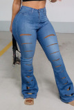 Baby Blue Casual Solid Ripped Patchwork High Waist Denim Jeans