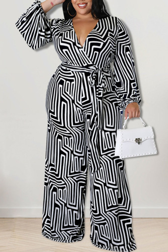 White Casual Print Bandage Patchwork V Neck Plus Size Jumpsuits