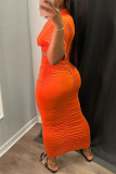 Orange Fashion Sexy Solid Hollowed Out Fold O Neck Short Sleeve Dress