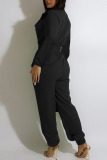 Black Casual Solid Patchwork Buckle Turndown Collar Jumpsuits