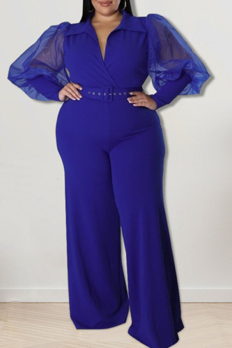 Blue Casual Solid Patchwork V Neck Plus Size Jumpsuits
